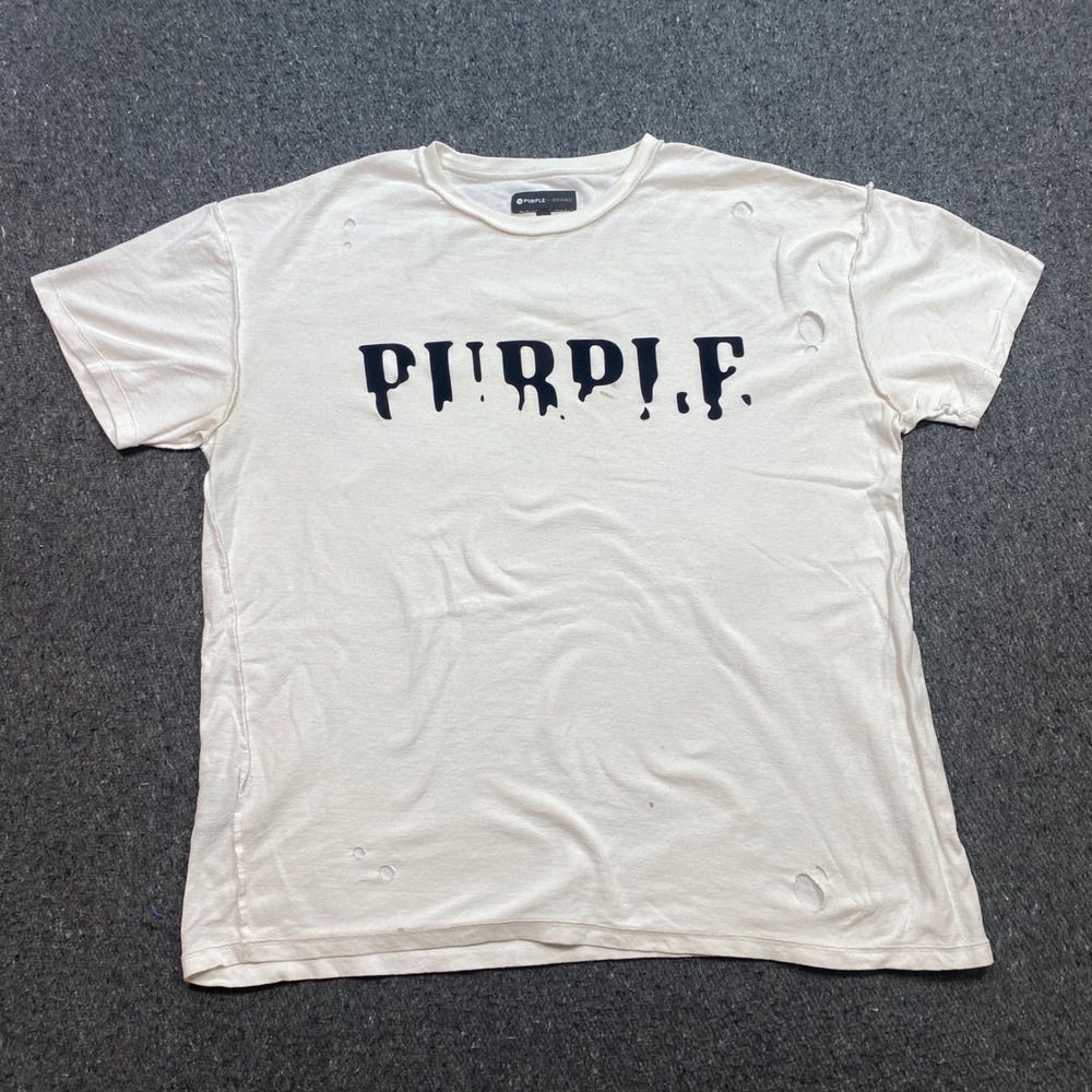Purple Brand TShirt Sz L Mens White Streetwear Distressed Drip Logo Graphic Tee